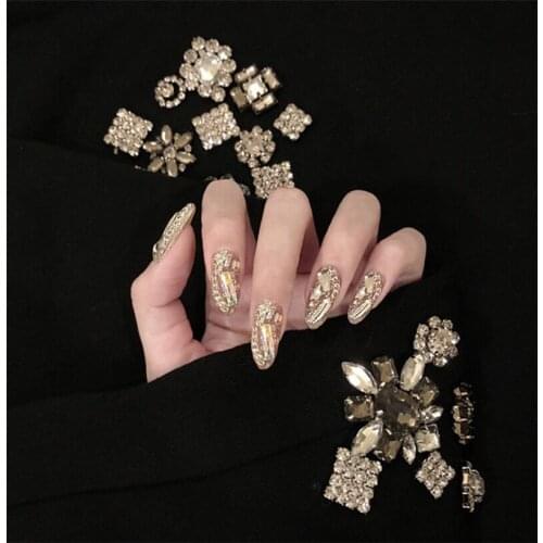 Princess style Sumptuous shining sliver pure color with diamond 3d fake nails French bride false nails 24pcs with glue lady full