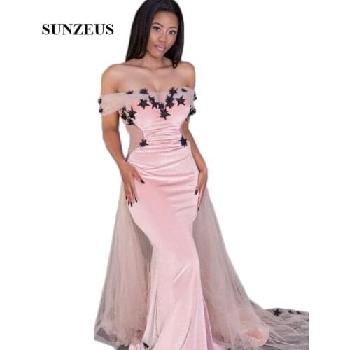Pink Velvet African Evening Dresses Sweetheart Off the Shoulder Long Formal Dresses Sheer Waist Handmade Stars Evening Gown SE15