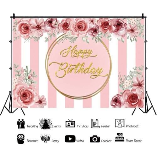 Pink White Lines Floral Decoration Women Birthday Photo Background 30th 40th Birthday Party Celebrate Backdrop Table Decor
