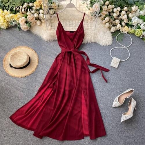 Neploe Sexy Backless Dress Women Chic V Neck Spaghetti Strap Party Dresses 2021 New Fashion Lace Up Slim Waist Lady Vestidos