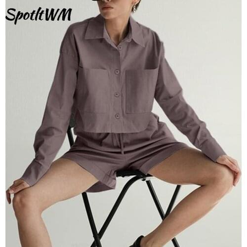 SpotltWM Cotton Casual Tracksuit Women Fashion Shorts Suit Streetwear Long Sleeve Shirt And Drawstring Mini Shorts Two Piece Set