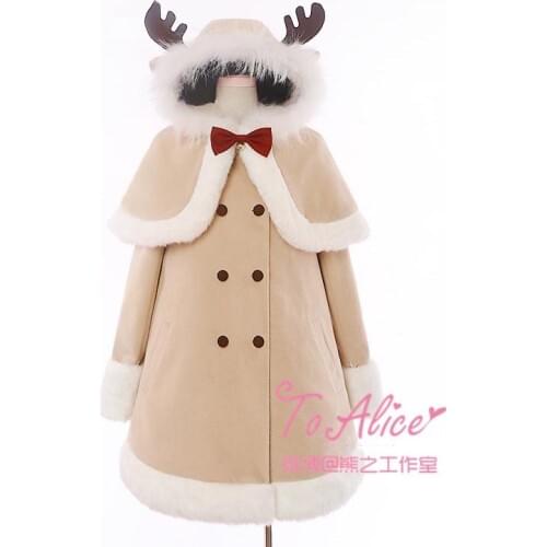 Super Cute Christmas Womens 2pcs Set Coat: Reindeer Hat Bow Bell Cape + Long Sleeve Long Wool Blend Coat Outwear Lolita