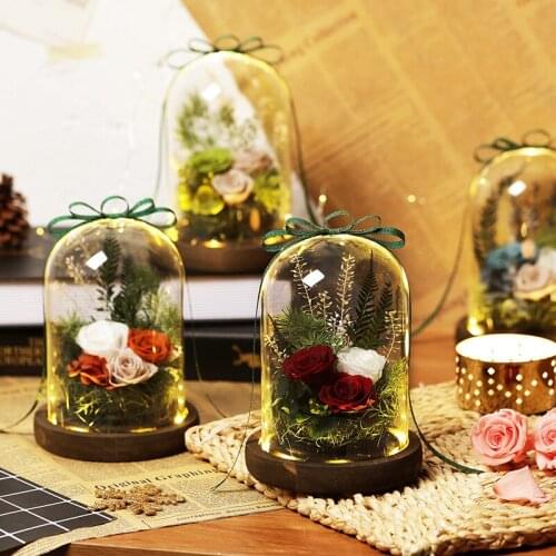 Dried Flowers in Glass Cover Valentines Day Present Wedding Flower Decoration with Vase Eternal Flower Mothers Day Gift