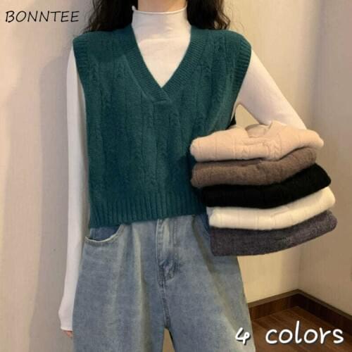 Sweaters Vest Daily Knitting College Cropped All-match Pure Popular Lady Clothing Green Basic Teenagers Korean Style Sleeveless