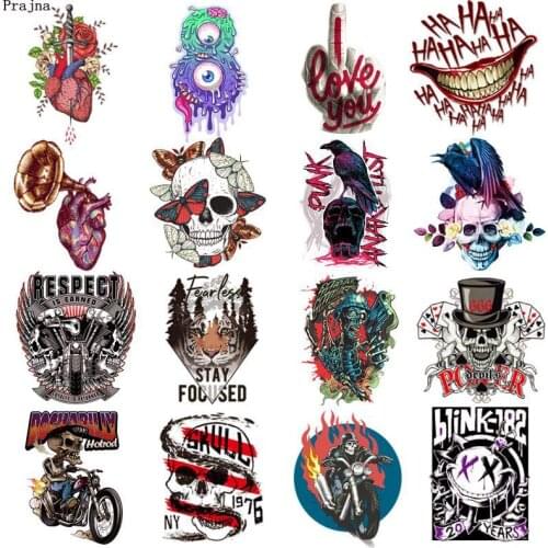 Prajna Punk Rock Skull Iron On Transfers Vynil Heat Transfer Motorcycle Ironing Stickers T-shirt Thermal Patches For Clothing