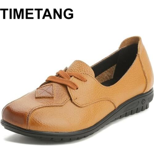 TIMETANGnew retro fashion flat womens shoes springautumn largesize lace genuine leather shoes hot section of the elderly casual