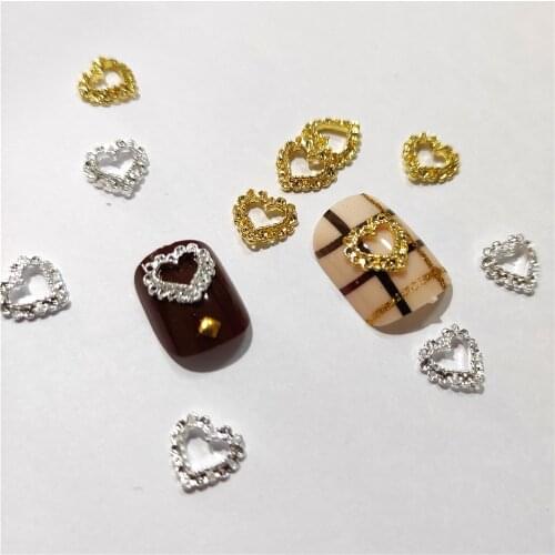20Pcs 3d Heart Nail Art Decoration Charms Stud Kawaii Manicure Decor Hollow Nailart Supplies Silver Metal Golden polish Ornament