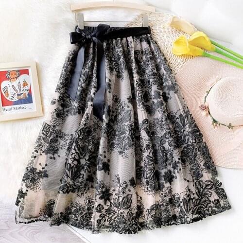 Wasteheart New Women Fashion Black High Waist Ruffles Pleated A-Line Ankle Length Long Skirt Mesh Clothing Ball Gown Embroidery