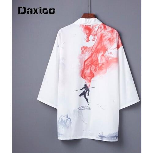 Harajuku Japanese Fashion Kimono Cardigan 2021 White Black Men and Women Summer Streetwear Haori Obi Son Goku Samurai Blouse
