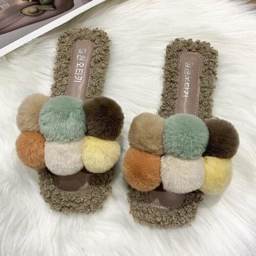 2021 Women House Slippers Pompom Slippers Faux Fur Indoor Soft Comfort Open Toe Slippers Flat Floor Female Zapatillas de ante