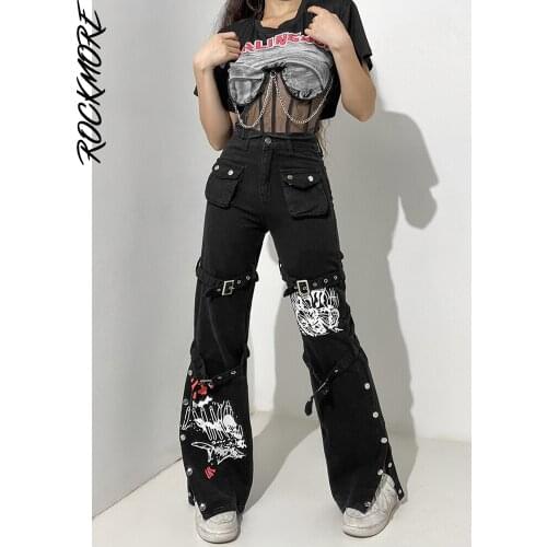 Rockmore Gothic Print Jeans Woman Low Waist Cargo Pants Hip Hop Tie-legs Jean Streetwear Denim Trousers Vintage Fairy Grunge New