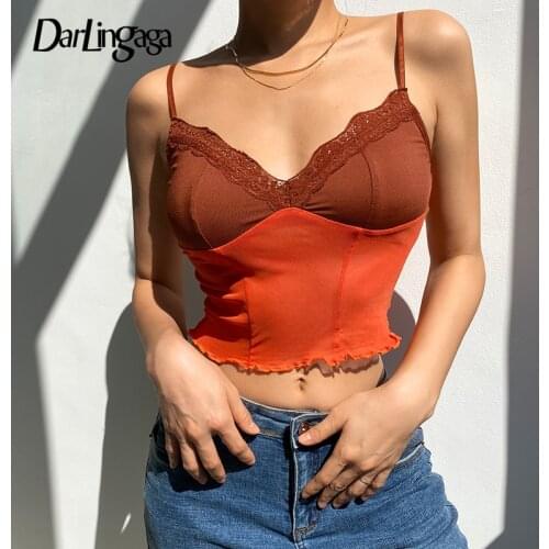 Darlingaga Fashion V Neck Lace Patchwork Mesh y2k Top Cami Transparent Gradient Backless Crop Top Women Clothes Strap Aesthetic