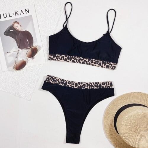 2021 Splicing Leopard Mid Waist Bikini Women Swimwear Female Swimsuit Two-pieces Bikini set Bather Bathing Suit Swim Lady