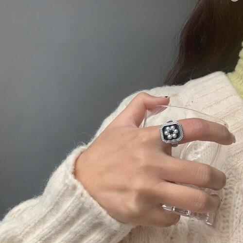 Minar French Retro Black Brown Enamel Square Charm Rings for Women 2021 Simulated Pearl Geometric Adjustable Open Ring Jewelry