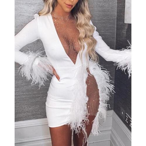 Women Winter Mini Dress Full Sleeve Mesh See Through Dress Sexy Night Club Bandage Party Feather Elegant Bodycon Dresses GL675
