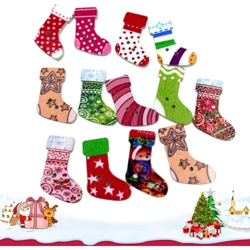 100 Pcs Christmas 2 Holes Button Socks Creative Colorful Wooden Button Stockings for Sewing Crafting (Mixed)