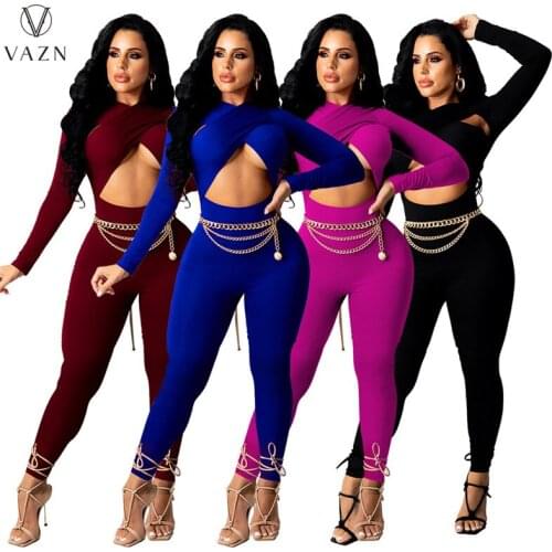 VAZN 2021 Autumn Hollow Out Sexy Club Young Skinny High Waist Full Sleeve Soft Women Long Pencil Jumpsuits