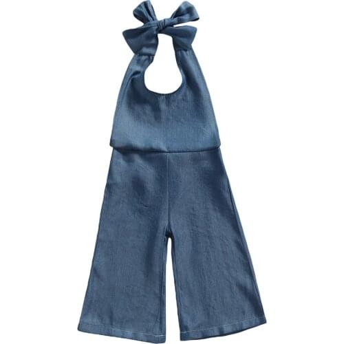 2021 0-4Y Casual Infant Baby Girl Denim Jumpsuit Summer New Blue Solid Color Halter Backless Romper Flare Pants Outfits