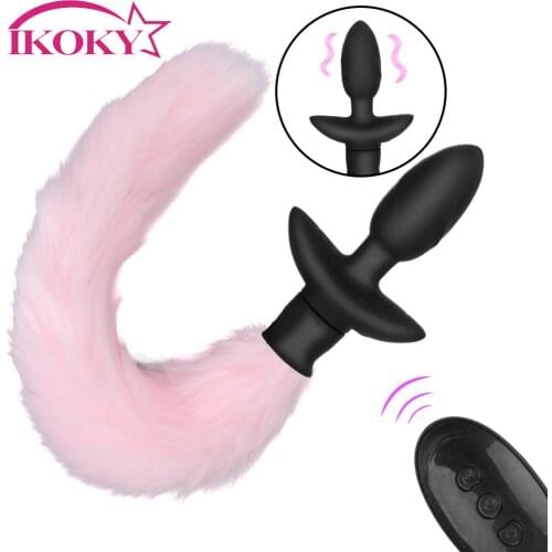 IKOKY Fox Tail Anal Plug Vibrator Sex Toys For Couples Adult Game Vibrating Butt Plug Remote Control Anus Dilator 10 Frequency
