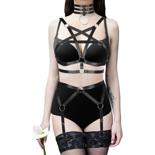 Bdsm Goth Women Body Harness Set Suspenders Lingerie Hollow Out Bondage Strappy Erotic Stockings Garter Belt Bodysuit Party Rave