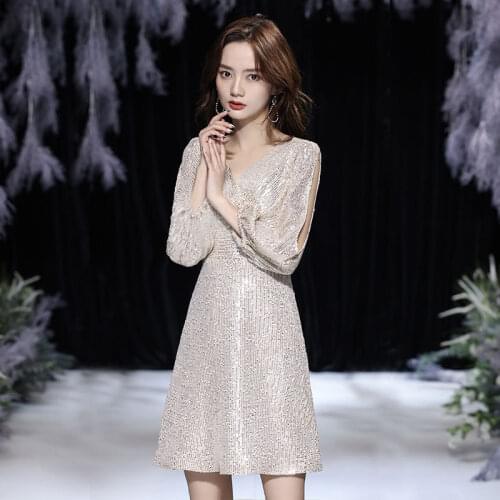 Bridesmaids Dresses Vintage V-Neck Three Quarter A-Line Sequined Knee-Length Luxury Light Champagne Lady Wedding Party Gown E767