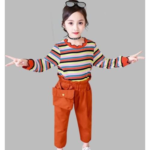Kids Clothes Colorful Striped T Shirts Pants 2pcs Clothes For Girls High Waist Girls Clothing Sets Autumn Girls Casual Suits
