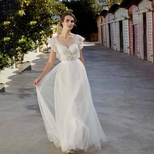 Graceful Short Flare Sleeves Lace Wedding Dress Appliques A Line Beach Boho Wedding Gowns Robe De Mariage