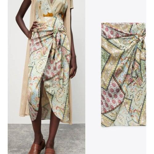 Summer Women Skirt Za 2021 Fashion Printed Midi High Waisted Skirts Chic Asymmetric Hem Side Pareos Wrap Knot Femal Skirts Mujer
