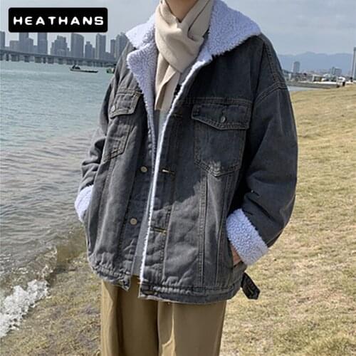 Winter Warm Street Casual Lamb Wool Denim Coat Mens Plus Velvet Thicken Student Cotton Padded Jean Jacket Male Korean Loose Top