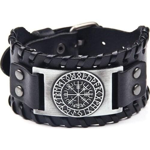 Toten Design Nordic Viking Odin Compass Bracelet Mens Hand-Woven Wide Leather Wristband Adjustable Bracelet Punk Jewelry