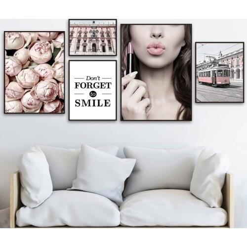 Rose Flower Tram Girl Lipstick Building Quotes Wall Art Canvas Painting Nordic Posters And Prints Wall Pictures For Living Room