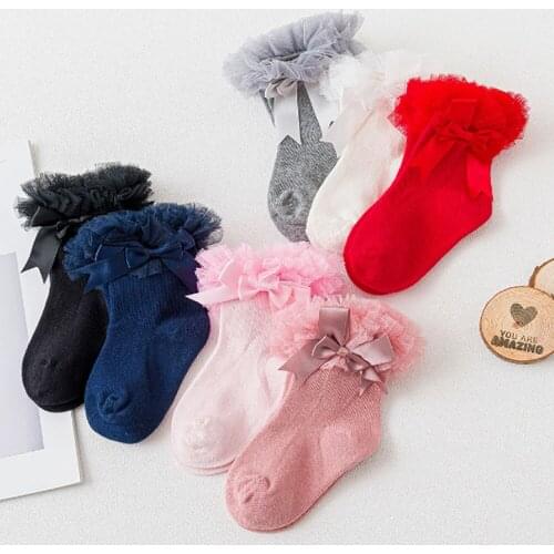 0-6Y Princess kids Tutu Short Socks Girls toddler Socks Silk Ribbon Bowknot Lace Ruffles Cotton baby Ankle Socks Photography