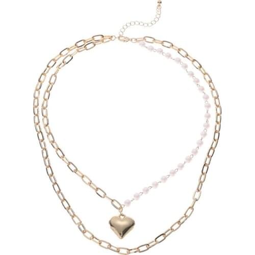TIMEONLY Double Layering Love Heart Imitation Peal Pendant Neckalces Chunky Cuban Chain Sweater Neckalce for Women Girl Jewelry