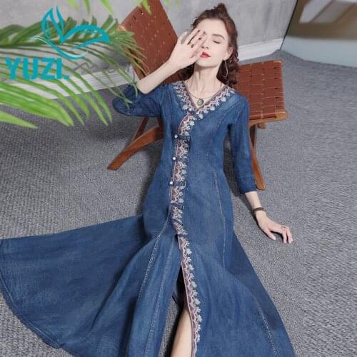 Dress For Women 2021 Yuzi.may Boho New Denim Autumn Woman Dresses V-Neck Frog Knot Vintage Embroidery Vestidos A82352 Vestido