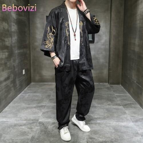 Plus Size M-4XL 5XL Embroidery Kimono Daopao Robe Suit Summer Traditional Chinese Clothing Style Orient Tang Hanfu for Men Sets