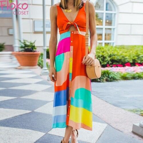 Flokocloset Summer V Neck Sleeveless Irregular Print Dress Colorful Bow Hollow Out Sundress A Line Floral Vestidos Beach Style