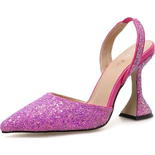 Bling Sequin Party Shoes Sexy Pointed Toe Back Strap High Heels Fashion Violet Glitter Cup Heel Sandal Nice Chic Sandalias Mujer