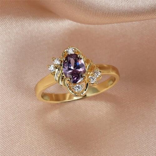 Vintage Female Purple Crystal Stone Jewelry Dainty Gold Color Wedding Rings For Women Cute Bride Oval Zircon Engagement Ring