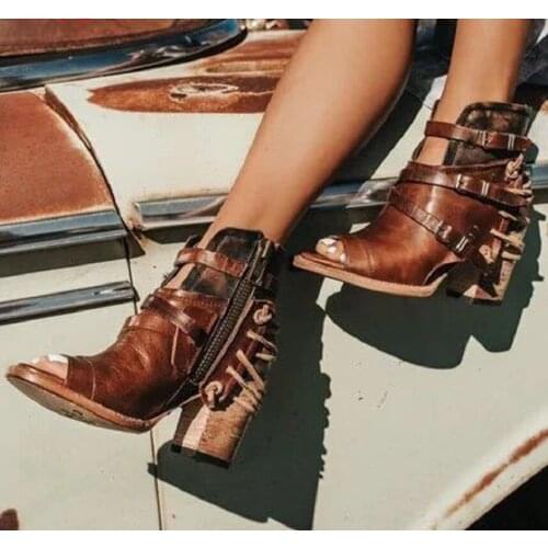 Rome Ankle Boots Vintage Leather Casual High Heels Square Strap Zipper Peep Toe Summer Shoes for Women Boots Plus Size 35-43