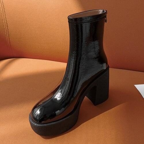 New 2021 Autumn Winter Women Boots Shoes Cow Patent Leather High Heels Platform Black Beige Shoes Woman Dress Party Office Boots