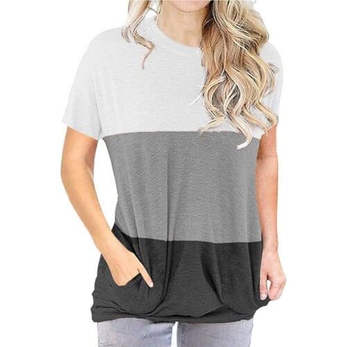 Womens Fashion Casual Color Matching Loose Pocket Round Neck Short Sleeve T-Shirt Tops