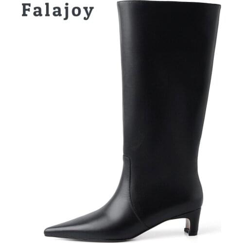 Falajoy Genuine Leather Wide Calf Boots Genuine Leather Pointed Toe Knee High Boots Women Luxury Brand Tall Long Female Shoes