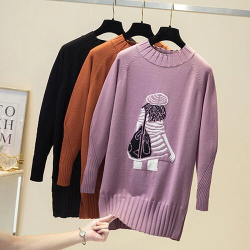 Women Casual Sweater Knit Pullovers Oversized Long Chic Korean Sweater Tops Cartoon Pull Jumpers Female sweater knitted