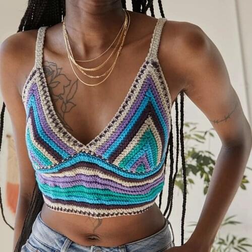 Colorful Striped Knitted Cami Top 90s Vintage Summer Beach Boho Sexy Sleeveless Spaghetti Strap Top Crop Women Y2K Aesthetic