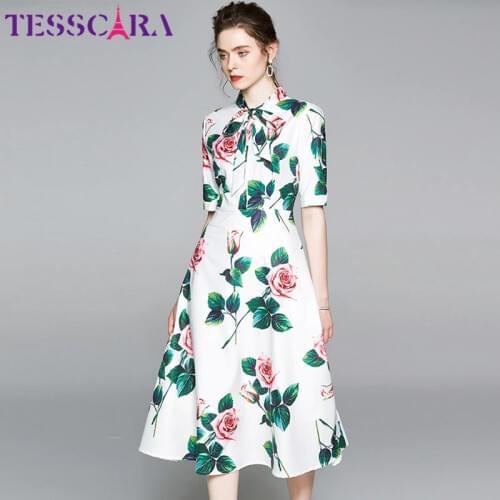 TESSCARA Women Summer Elegant Floral Dress Festa High Quality Wedding Party Robe Femme Vintage Bow Designer Chiffon Vestidos