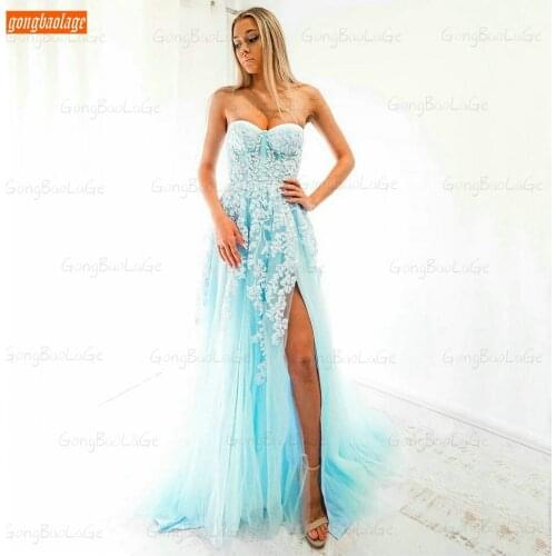 Elegant Ice Blue Prom Dress For Women Long Sweetheart Appliqus Lace Up Tulle A Line Formal Dresses 2020 Custom Made Robes De Bal