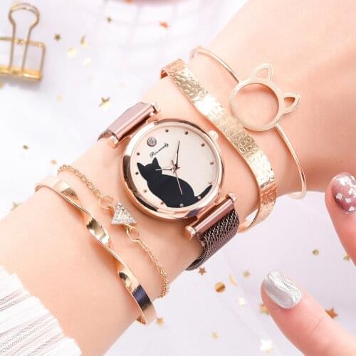 5pcs/set Women Watches Rose Gold Bracelet Set Cat Pattern Black Magnet Watch Ladies Bracelet Wrist Watches Luxury Quartz Clock