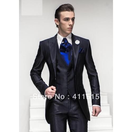 FREE SHIPPING/CUSTOM made cheap Black Peak Lapel Groom Tuxedos Groomsmen Men Wedding GROOM WEAR dress Bridegroom SUITS