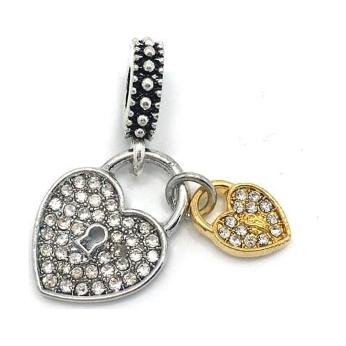 Free Shipping 2017 new 15pcs 14x30mm big hole lock design white rhinestone alloy beads fit European bracelet & necklace DIY