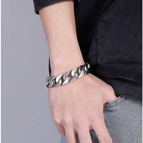 17MM Curb Link Chain On Hand Matter Polished Titanium Stainless Steel Bracelets For Men Masculine Mens Bracelet Hiphop Jewelry